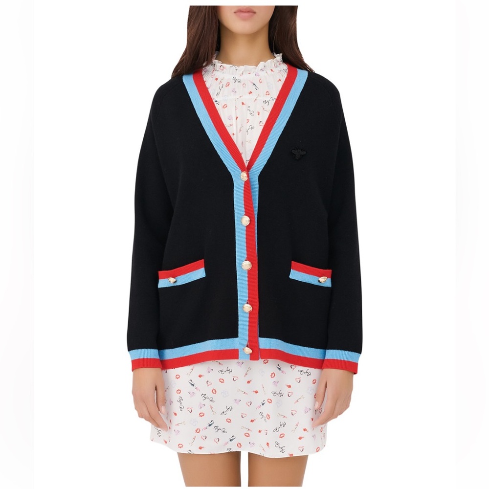 Maje Black Cardigan with Red and Blue Accents